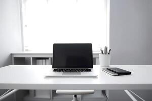 ai généré portable ordinateur sur bureau table dans Accueil ou Bureau armoire, neural réseau généré photoréaliste image photo