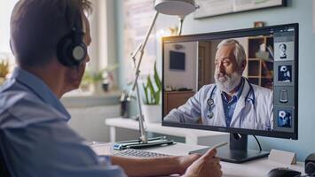 ai généré télémédecine médecin inspecter les patients santé plaintes à propos santé plus de le l'Internet webcam photo