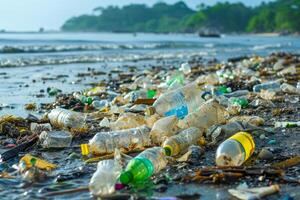 ai généré Plastique déchets pollution, poubelle dégâts environnement et écologie équilibre sur Terre photo