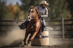 ai généré femmes cheval baril courses, neural réseau généré image photo