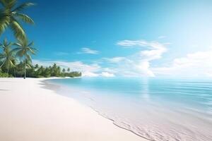 ai généré tropical plage vue à ensoleillé journée avec blanc sable, turquoise l'eau et paume arbre, neural réseau généré image photo