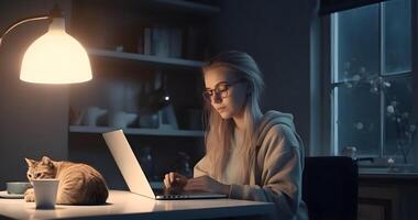 ai généré blond caucasien fille en utilisant portable séance à travail table avec sa chat, neural réseau généré art photo