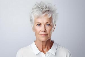 ai généré portrait de Sénior aux cheveux gris caucasien femme sur blanc Contexte. neural réseau généré photoréaliste image. photo