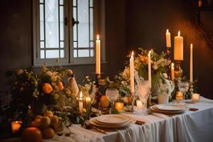 ai généré élégant mariage table décoré avec bougies et fleurs, neural réseau généré image photo