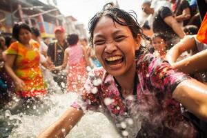 ai généré thaïlandais femme en jouant l'eau dans Songkran Festival bokeh style Contexte avec génératif ai photo