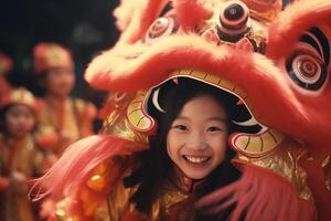 ai généré Jeune fille enfant portant le chinois dragon Danse costume bokeh style Contexte avec génératif ai photo