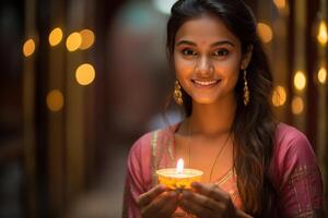 ai généré Indien femme en portant une bougie bokeh style Contexte avec génératif ai photo