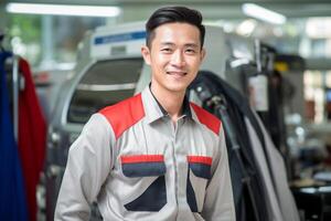 ai généré asiatique voiture mécanicien souriant dans garage bokeh style Contexte avec généré ai photo