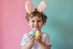 ai généré Jeune garçon enfant en portant coloré pastel Pâques des œufs avec génératif ai photo