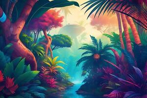 coloré la nature scène avec futuriste jungle Contexte photo