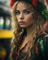 une magnifique Jeune femme avec une fleur couronne sur sa tête génératif ai photo