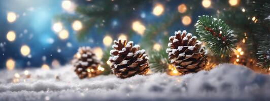 Noël décoration bannière - neigeux pin cônes sur sapin branche avec lumières. ai généré photo