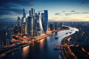 aérien vue de moderne grattes ciels dans Moscou à le coucher du soleil. aérien vue de Moscou ville avec Moscou rivière, Russie, ai généré photo