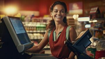 magnifique souriant la caissière travail à épicerie magasin,caissier photo