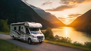 famille vacances Voyage camping-car, vacances voyage dans camping car, caravane voiture vacances. magnifique la nature Norvège Naturel paysage. photo