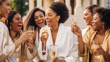 ai génératif de bonne humeur jolie multiracial Jeune Dames copains porter soie robes ayant amusement tenir des lunettes avec Champagne asseoir sur lit dans Hôtel content diverse les filles la mariée et demoiselle d'honneur célébrer célibataire photo