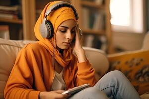 ai génératif froussard adolescent fille en chantant préféré chanson écoute à la musique Podcast dans écouteurs en utilisant app à Accueil content marrant Jeune femme portant casque profiter Nouveau l'audio des pistes en jouant dans digita photo