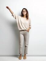 ai génératif content paisible millénaire femme dans décontractée vêtements isolé sur gris studio Contexte tenir mains à poitrine proche à cœur souriant reconnaissant femelle supporter ressentir reconnaissant spectacle appréciation photo