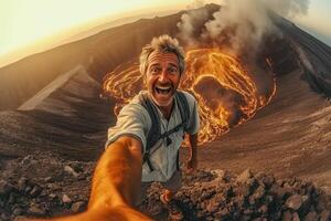 ai génératif une caucasien Jeune voyageur prend une selfie photo randonnée une volcan sur une canari île en portant avec deux mains