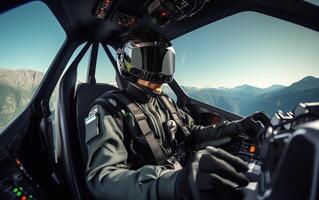 ai génératif adulte capitaine de jet avion de ligne portant noir cuir veste et casque séance dans de face de à bord instruments en volant plus de montagnes photo