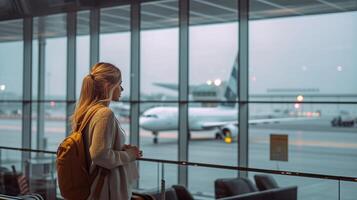 ai génératif aventure périple Jeune femme à la recherche en dehors fenêtre et montrer du doigt à le avion tandis que attendez embarquement à le aéroport photo