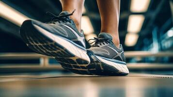 ai génératif athlète coureur pieds fonctionnement sur tapis roulant fermer sur chaussure Piste et champ coureur dans sport uniforme à départ position aptitude mode de vie sport et en bonne santé concept photo