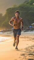 ai génératif athlète fonctionnement homme Masculin coureur à le plage joggeur formation avec intelligent téléphone brassard photo