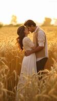 ai génératif magnifique et Jeune sensuel couple sont embrasser Extérieur dans été blé champ photo