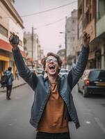 ai génératif de bonne humeur homme prise une selfie dans le ville photo