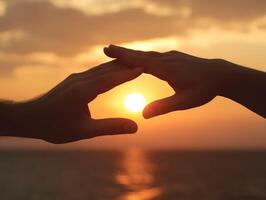 ai génératif fermer image de deux les amoureux en portant mains à le coucher du soleil confiance l'amour relation et soutien concept photo