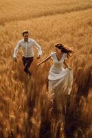 ai génératif couple dans l'amour sauter sur une blé champ concept à propos gens l'amour et mode de vie photo