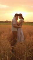 ai génératif couple dans l'amour embrasser sur une blé champ à le coucher du soleil photo