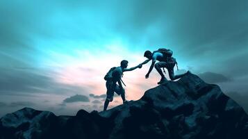 ai génératif couple de randonneurs portion chaque autre escalade une Montagne à le coucher du soleil gens donnant une portion main et actif sport concept photo