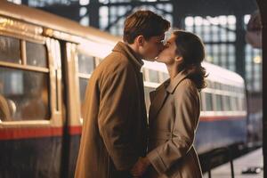 ai génératif couple de les amoureux est embrasser tandis que attendre le train à le station l'amour vacances transport et mode de vie concept photo