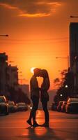 ai génératif couple de les amoureux embrasser sur ville rue à le coucher du soleil deux touristes ayant amusement en marchant dans ville gens l'amour et tourisme concept photo