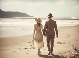ai génératif couple de les amoureux en marchant sur le plage à voyage de noces photo