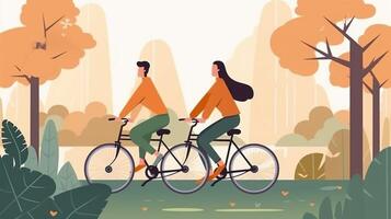 ai génératif couple de romantique les amoureux cyclisme caucasien gens gens l'amour la nature et mode de vie concept photo