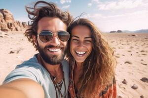 ai génératif fou couple dans l'amour ayant amusement prise une selfie à une tropical plage à vacances photo