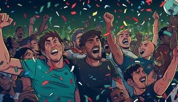 ai génératif foule de multiracial gens célébrer Succès et la victoire lancement confettis dans le air Football ventilateur applaudissement football équipe fête Nouveau année sport un événement et compétition concept photo