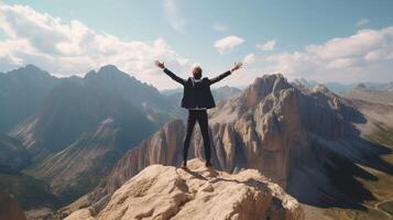 ai génératif excité Jeune homme d'affaire sauter en gardant bras élevé randonnée le Montagne de pointe célébrer Succès gagnant et chef concept photo