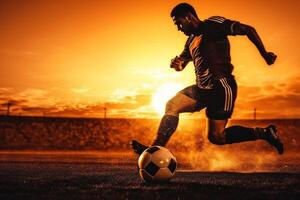 ai génératif Football joueur est formation à le champ sur une le coucher du soleil Contexte sportif homme est dribble avec le Balle photo