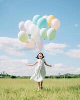 ai génératif fille en portant multicolore des ballons dans une ciel Contexte concept à propos content anniversaire et liberté photo