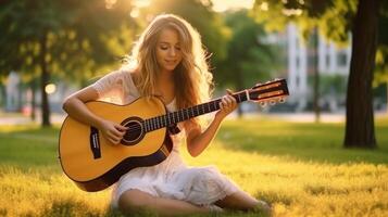 ai génératif fille est dans harmonie avec se en jouant le guitare dans une parc photo