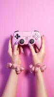 ai génératif fille garder le manette dans main tandis que en jouant vidéo Jeux mode de vie concept photo