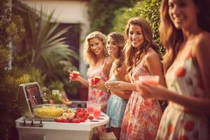 ai génératif groupe copains ayant amusement en buvant des cocktails séance dans villa arrière-cour content Jeune hispanique femme souriant à le caméra à jardin fête avec copains été mode de vie et nourriture conc photo