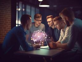 ai génératif groupe de affaires gens travail avec ordinateur et communicant séance à Bureau bureau ensemble Jeune Créatif collègues de travail travaux avec Nouveau début en haut projet concentrer sur mains photo