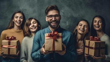 ai génératif groupe de copains en portant Noël cadeaux et Sacs dans une achats journée photo