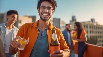 ai génératif groupe de multiculturel copains en buvant et grillage Bière à Brasserie bar restaurant content gens ayant amusement à toit Accueil fête vif Couleur filtre photo