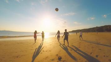 ai génératif groupe de multiracial gens est en jouant togheter à le plage gens la nature et mode de vie concept photo