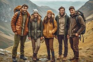 ai génératif groupe de gens permanent sur le Haut de le Montagne content copains avec sacs à dos ayant trekking fin de semaine ensemble sport Voyage et une randonnée concept photo